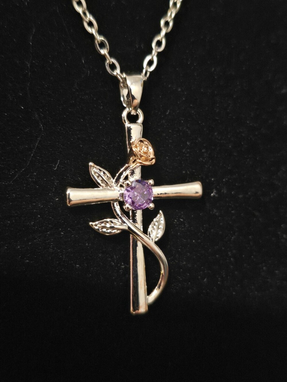 Purple Crystal Rose Cross Necklace Pendant Two-Tone Religious Women Jewelry Gift